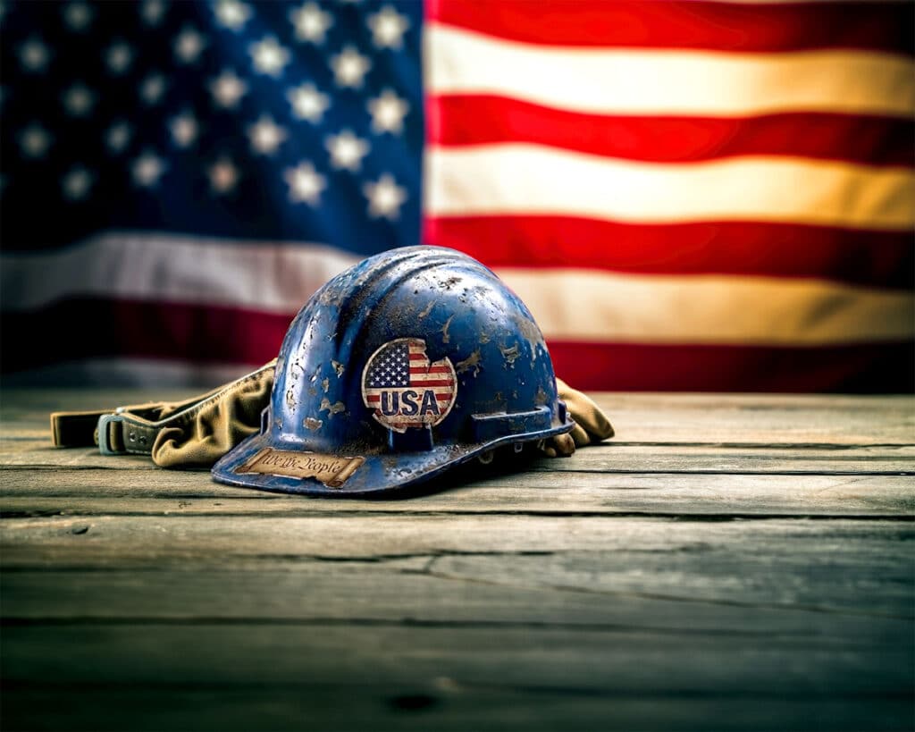 This image depicts a worker's hard hat and gloves with the U.S. flag.